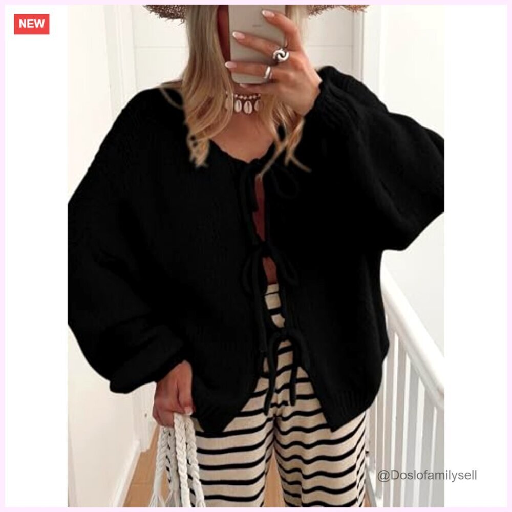 Oversized Chunky Knit Cardigan with Bow Tie Front, Long Sleeve Open Sweater - Picture 3 of 7